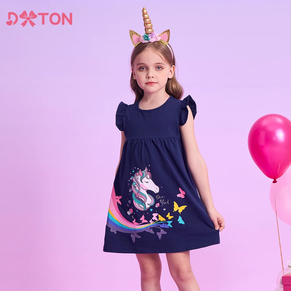 

DXTON Cotton Children Dresses For Girls Flying Sleeve Princess Kids Dresses Butterfly Rainbow Cartoon Print Summer Girls Clothes