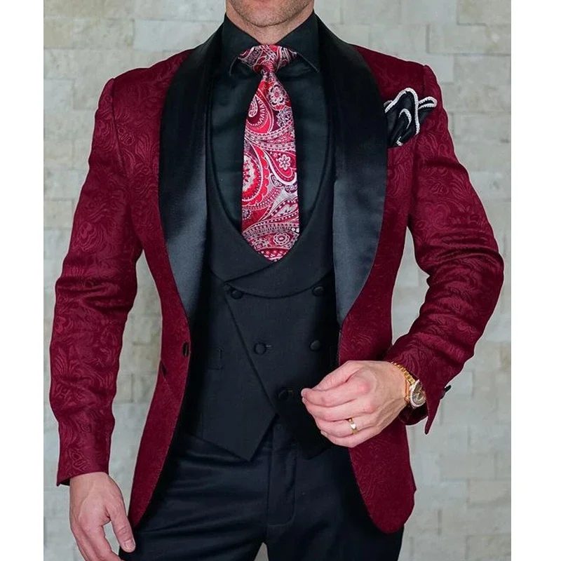 

Floral Mens Wedding Suits Italian Design Fashion Custom Made Black Smoking Tuxedo Jacket 3 Piece Groom Clothes 2024