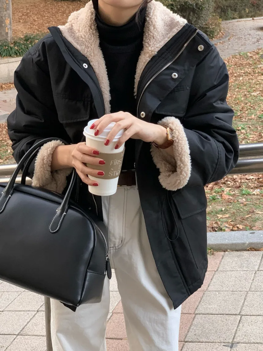 Women's Black Khaki Collar Long Sleeve Cotton Jacket with Lamb Fur Lining American Streetwear Style Windproof Winter Warm Coat