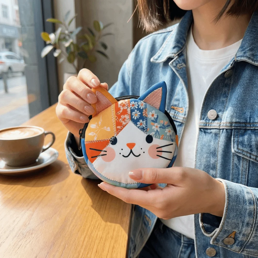

Portable Patchwork Coin Purse Small Size Zipper Design Cat Storage Case Large Capacity Cute Pattern Stationery Pouch Travel