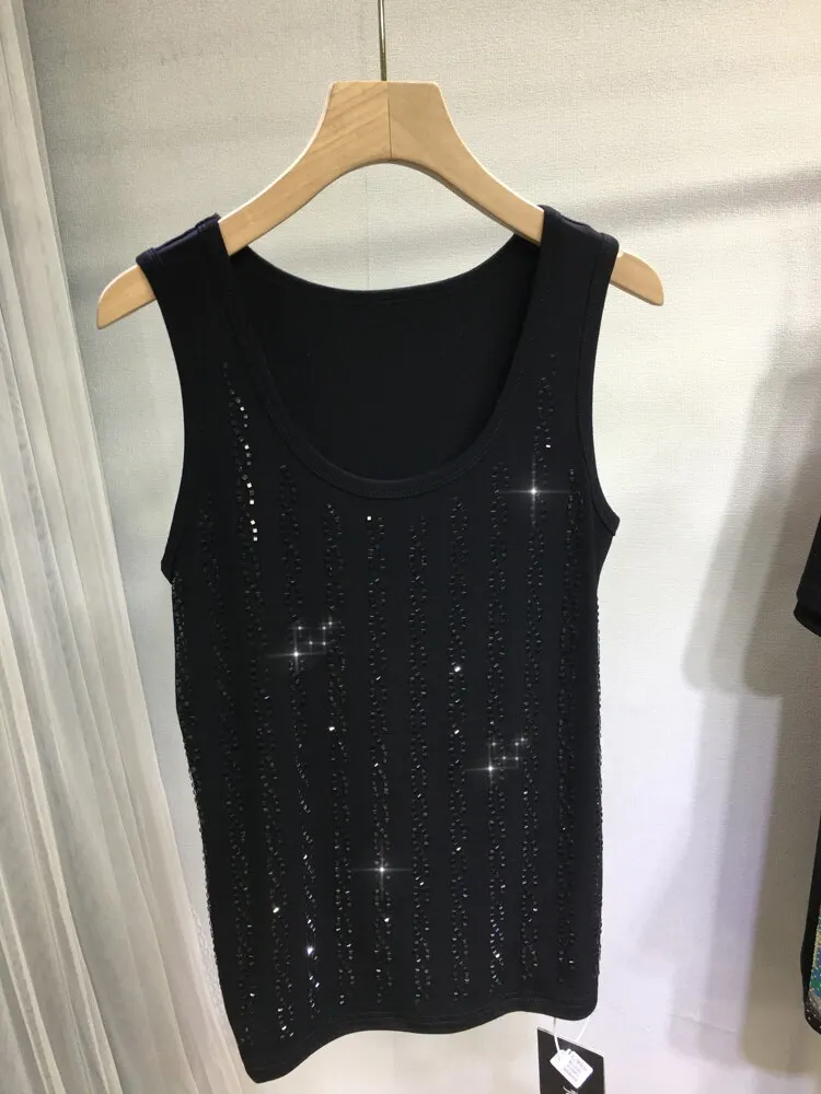 Trendy Black Vertical Drill Women Sleeveless T-shirt Large Size Spring Summer Slimming Basic Camisole Round Neck Cool Tanks Top