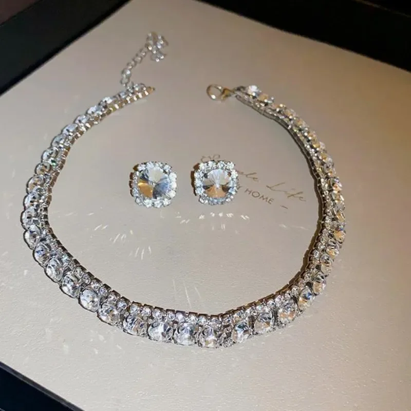 Luxury Necklace Earrings Sets Green Crystal Necklace Women Weddings Bride Jewelry Accessories