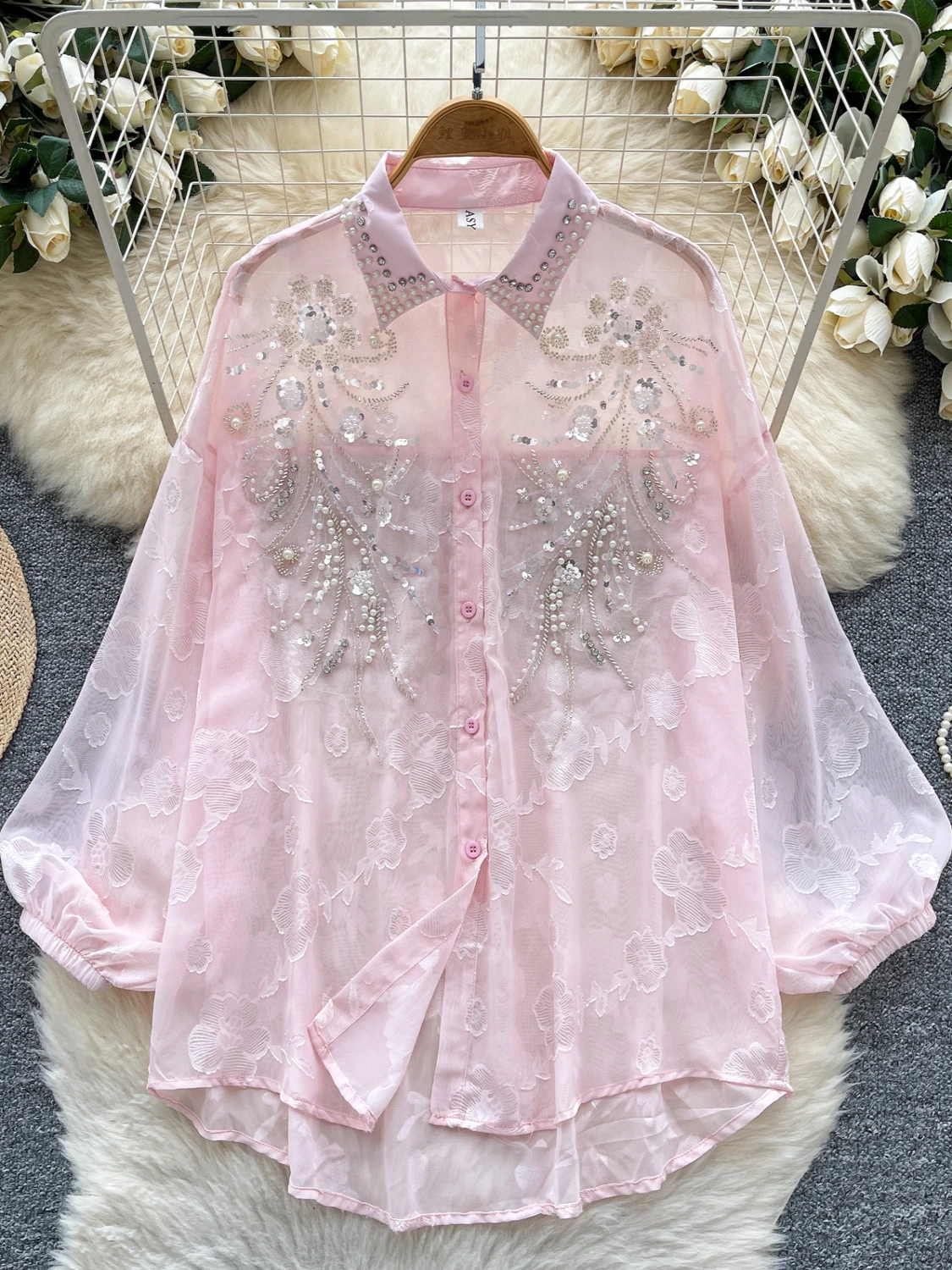 

Embroidered Beaded Lantern Sve irt Women's Summer Thin Loose Outerwear Long Sve Top Korean Sle Commute