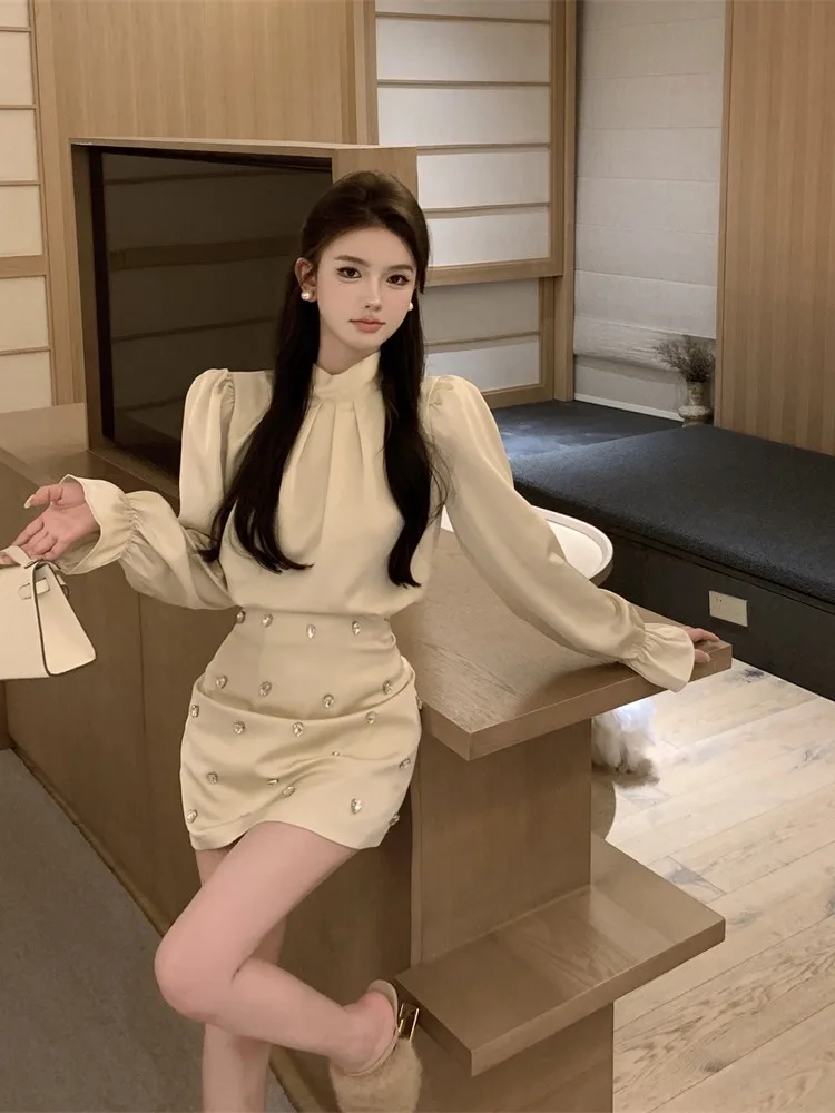 

Silk Shantung Bubble Sleeve Shirt And Skirt Set Women's Fashion Autumn Winter Two-Piece Suit Bodycon Skirt Bubble Sleeve...