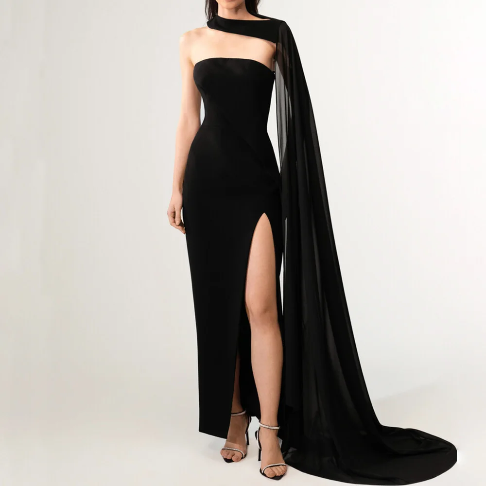 

Sexy Black Evening Dresses Saudi Arabia Strapless Side Split Floor Length with A Wrap Long Prom Dresses