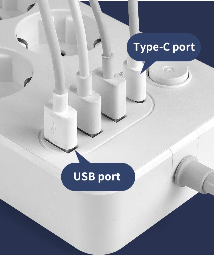 EU KR Power Strip Electric Sockets 13A 2500W 6 8 10 Outlets with USB 5V 2.1A TYPEC Extension Cable Plug Office Home Socket