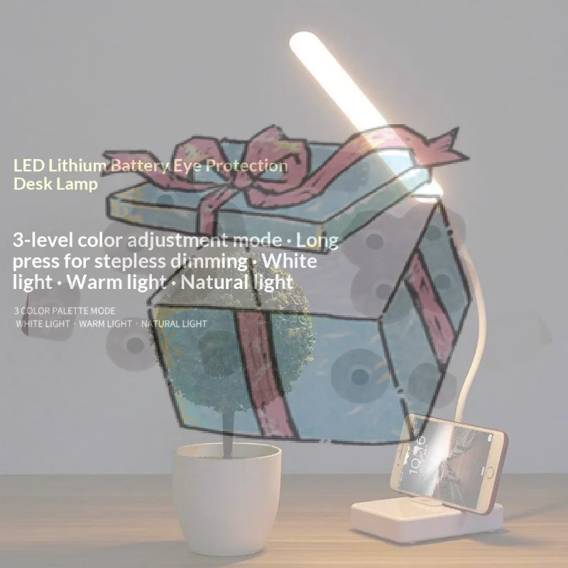 

【CCA】Rechargeable LED Eye Care Desk Lamp With 3 Color Modes Dimmable Phone Stand For Home Office Reading Working