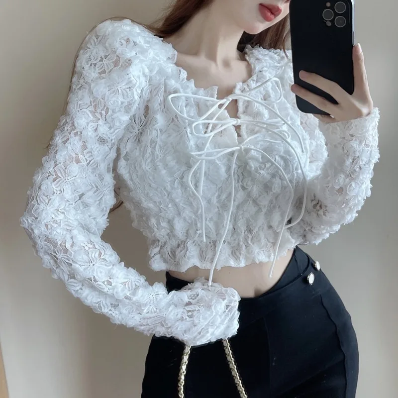 MiiiiX French Elegant Floral Lace Off-shoulder Shirt Women's Blouse Slim Slash Neck Lace-up Crop Top 2024 Autumn Female Clothes