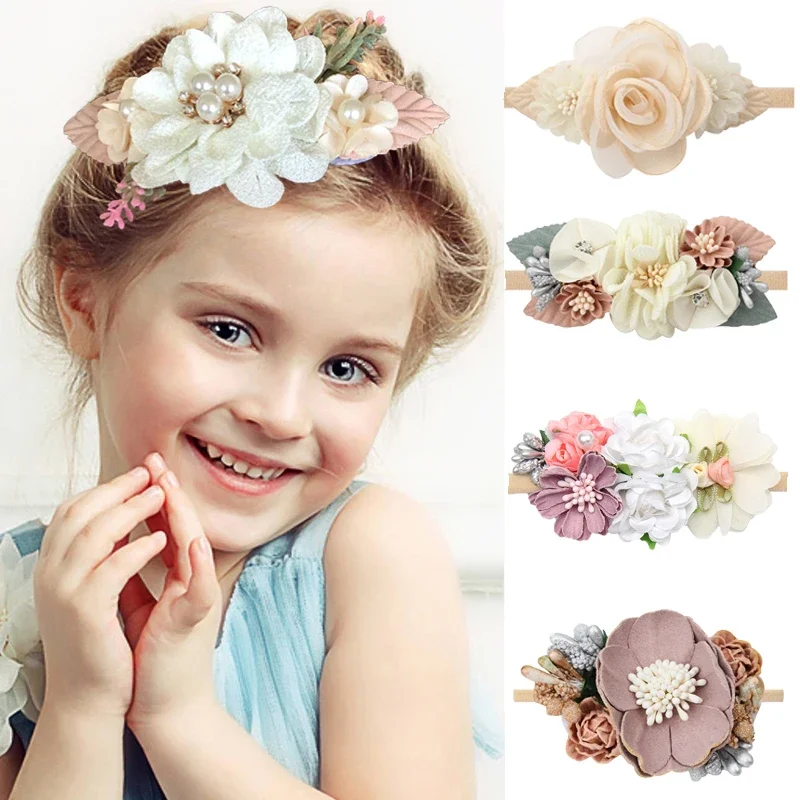 Baby Girl Pearl Lace Artificial Flower Headband Newborn Toddler Infants Nylon Kids Hair Band Baby Accessories повязка н