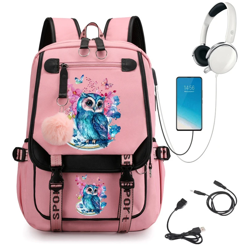 Watercolor Owl Flower Print School Backpack Bag Cute Cartoon School Bag for Student Teens Bookbag Anime Laptop Teenager Backpack