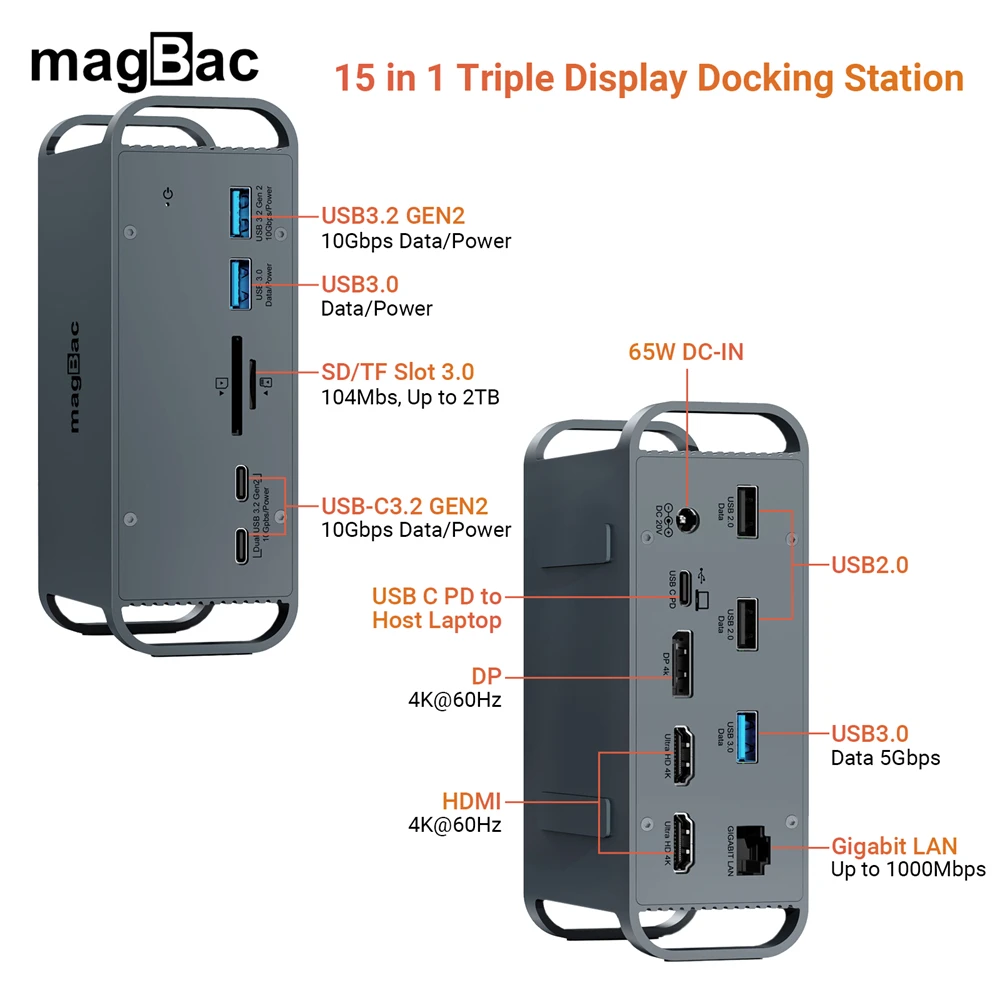 USB C stasiun Dok 2x HDMI DP 4K 60HZ Triple Display 10Gbps Tipe C Laptop Dock untuk Lenovo Thinkpad Dell 65W AC Power Adapter