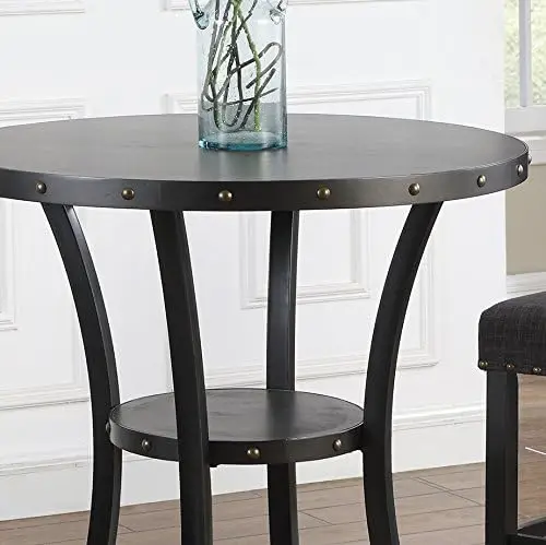 Furniture Biony 3-Piece Round Espresso Bar Table with Nail Head Stools, Gray