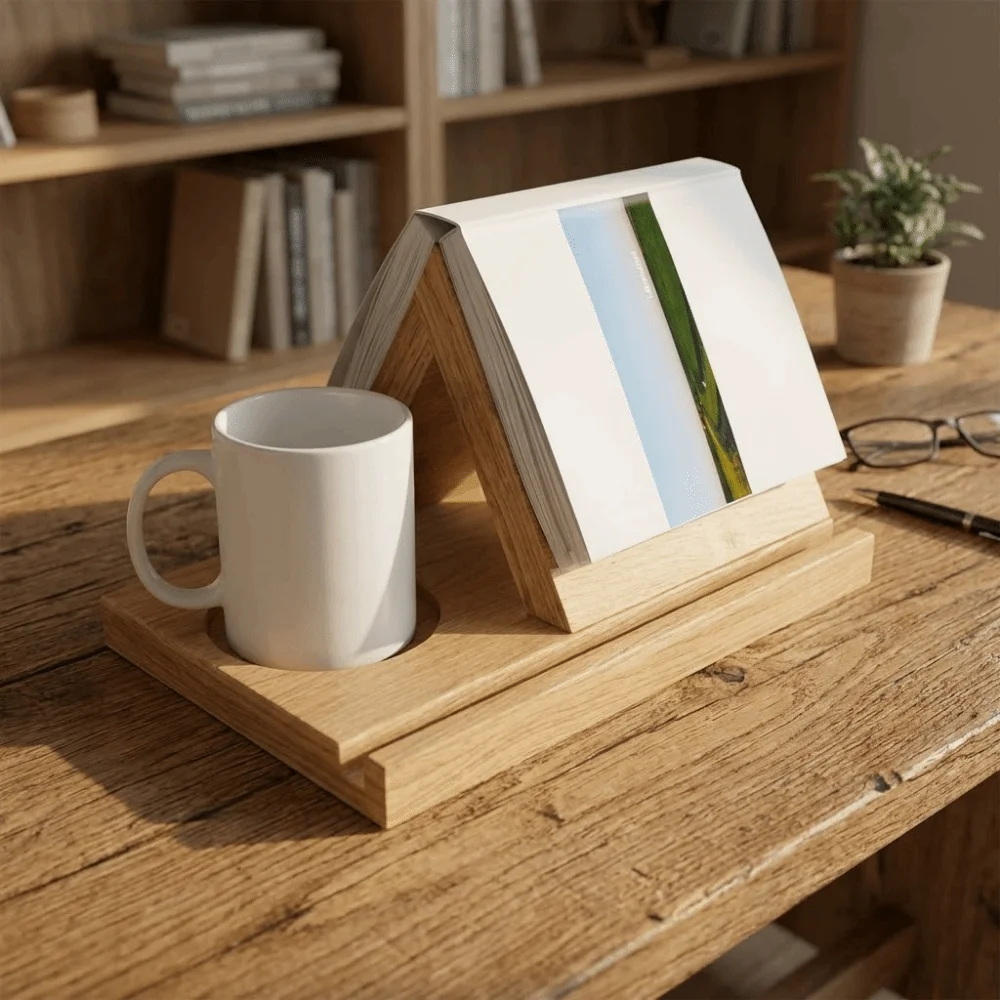2 in 1 Triangle Wooden Book Holder Decorative Simple Triangle Book Stand with Cup Holder Sturdy Reading Stand Office Table