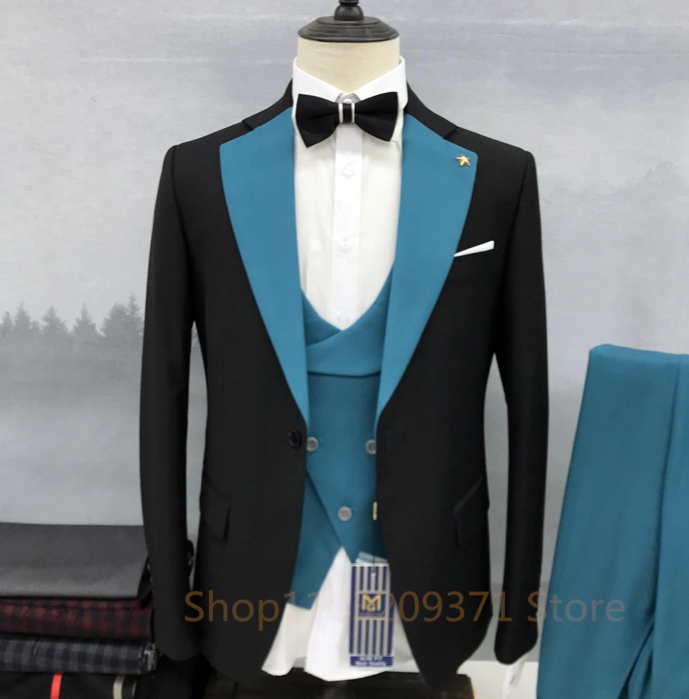 3 Piece Men\'s Suit Wedding Groom Tuxedo Black Jacket Set Formal Blazer Purple Pants Vest Slim Fit Outfit Costume Mariage Homme