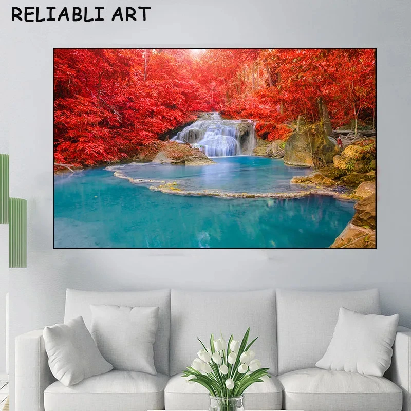 Modern Waterfall and Lake Landscape Canvas Painting Poster and Prints Wall Art Pictures For Living Room Home Decor No Frame