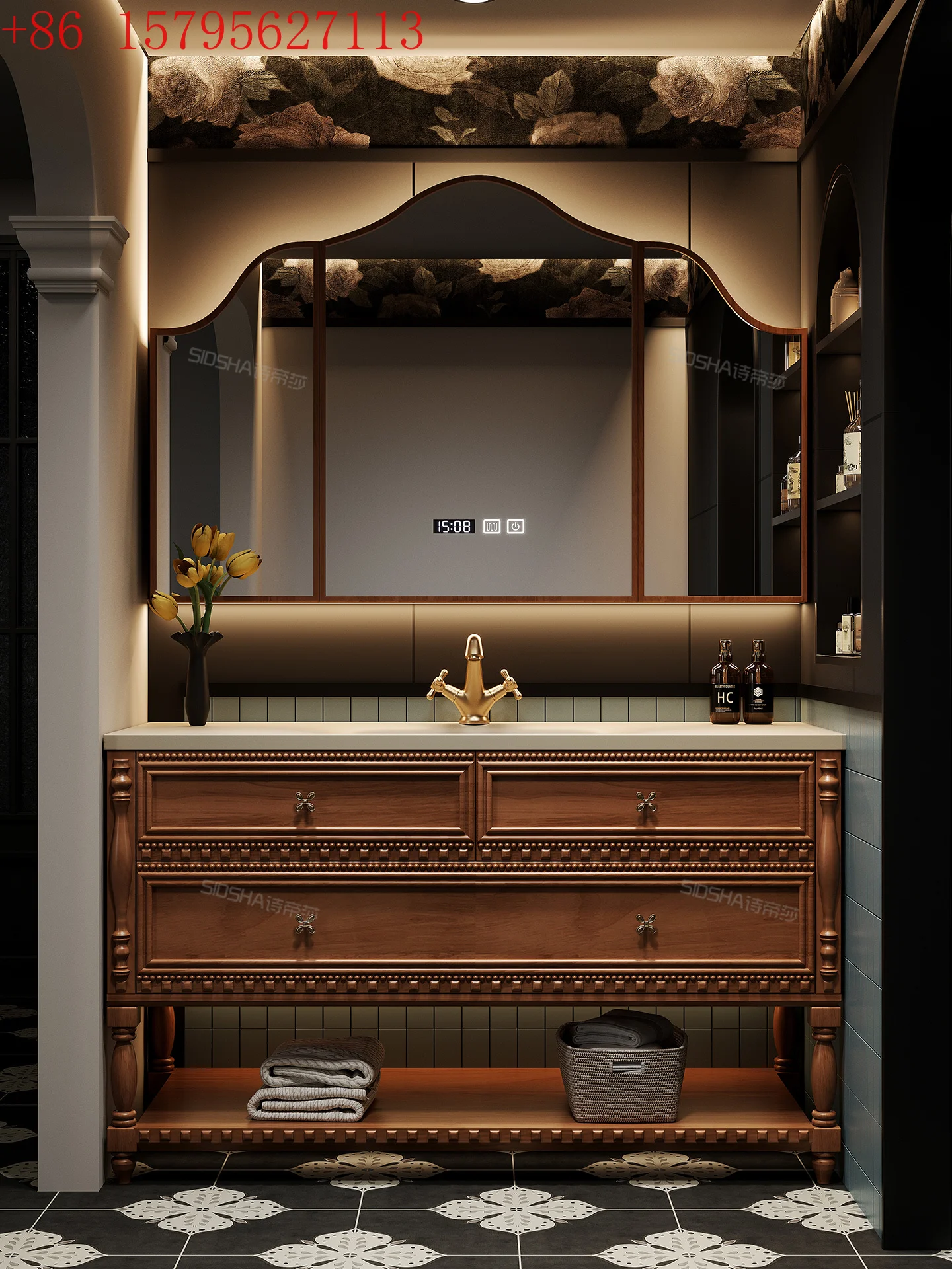 

Vanilla American retro style floor-to-ceiling rubber wood bathroom cabinet washstand