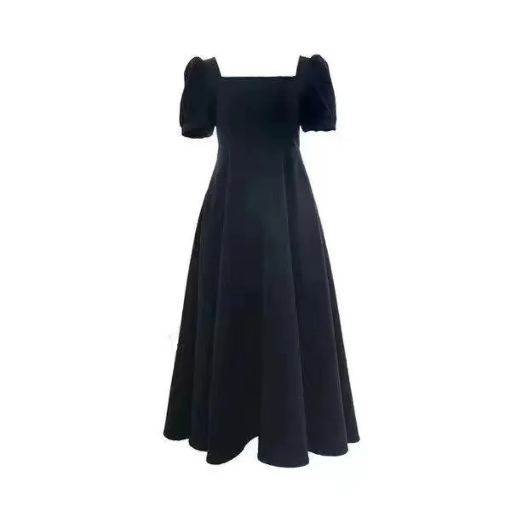 2025 Ladies' Long Skirt with Bubble Sleeves and A Straight Collar That Crosses The Knee  Waist Square Neck Midi Dress in Black