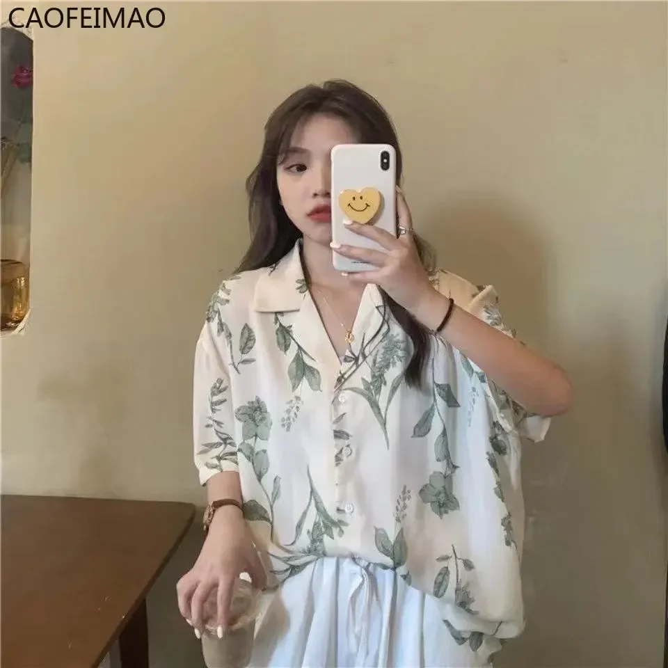 Turn Down Collar Short Sleeve Blouse Women Shirts Elegant Leaf Print Autumn Casual Office Button Vintage Shirt Tops