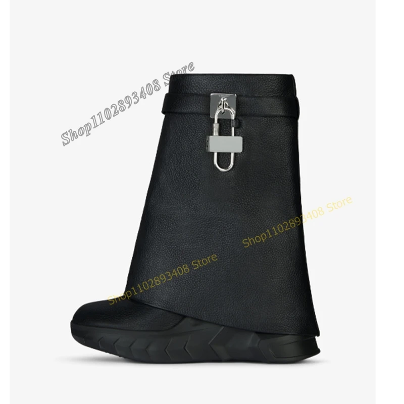 

Black Lock Decor Ankle Boots Thick Soled Wedge Heel Cow Leather Round Toe Women Shoes 2023 New Fashion Sexy Zapatos Para Mujere