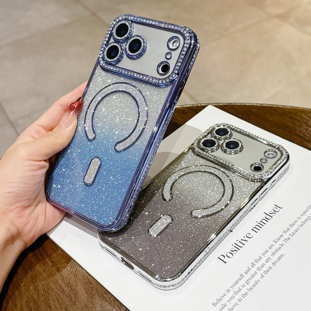 럭셔리 마그네틱 맥세이프 글리터 폰 케이스 아이폰 17 16 15 14 13 12 11 프로 맥스 에어 16 15 플러스 16e 클리어 도금 TPU 커버