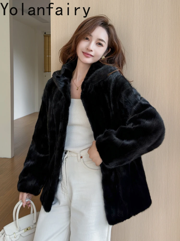 เสื้อโค้ทขนมิงค์แท้คุณภาพสูง YOLANFAIRY พร้อมฮู้ด เสื้อผ้าผู้หญิงแฟชั่นฤดูหนาว แจ็คเก็ตขนเสือดาว เสื้อโค้ทขนมิงค์แบบสั้น