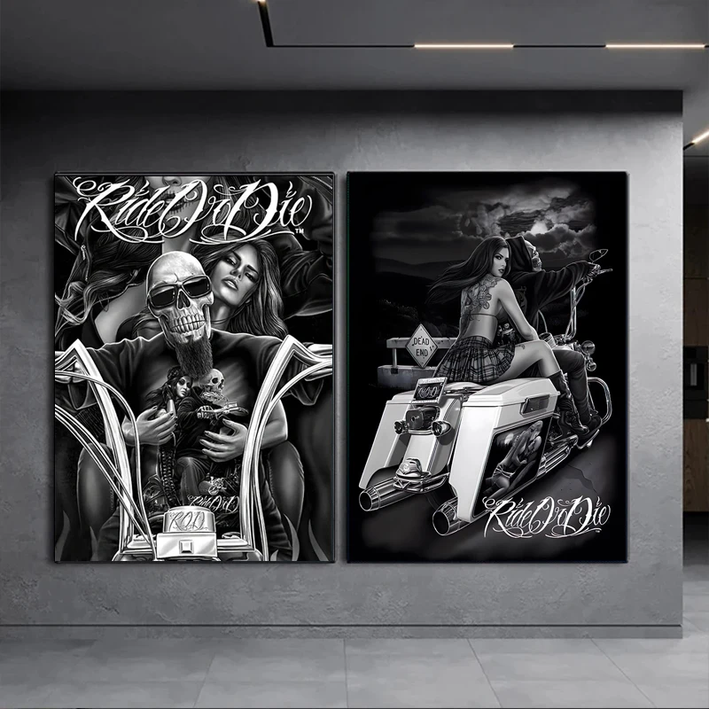 Graffiti Tattoo Rider Chicano Culture Motorcycle Poster Canvas Painting Black and White Wall Art For Living Room Home Decoration