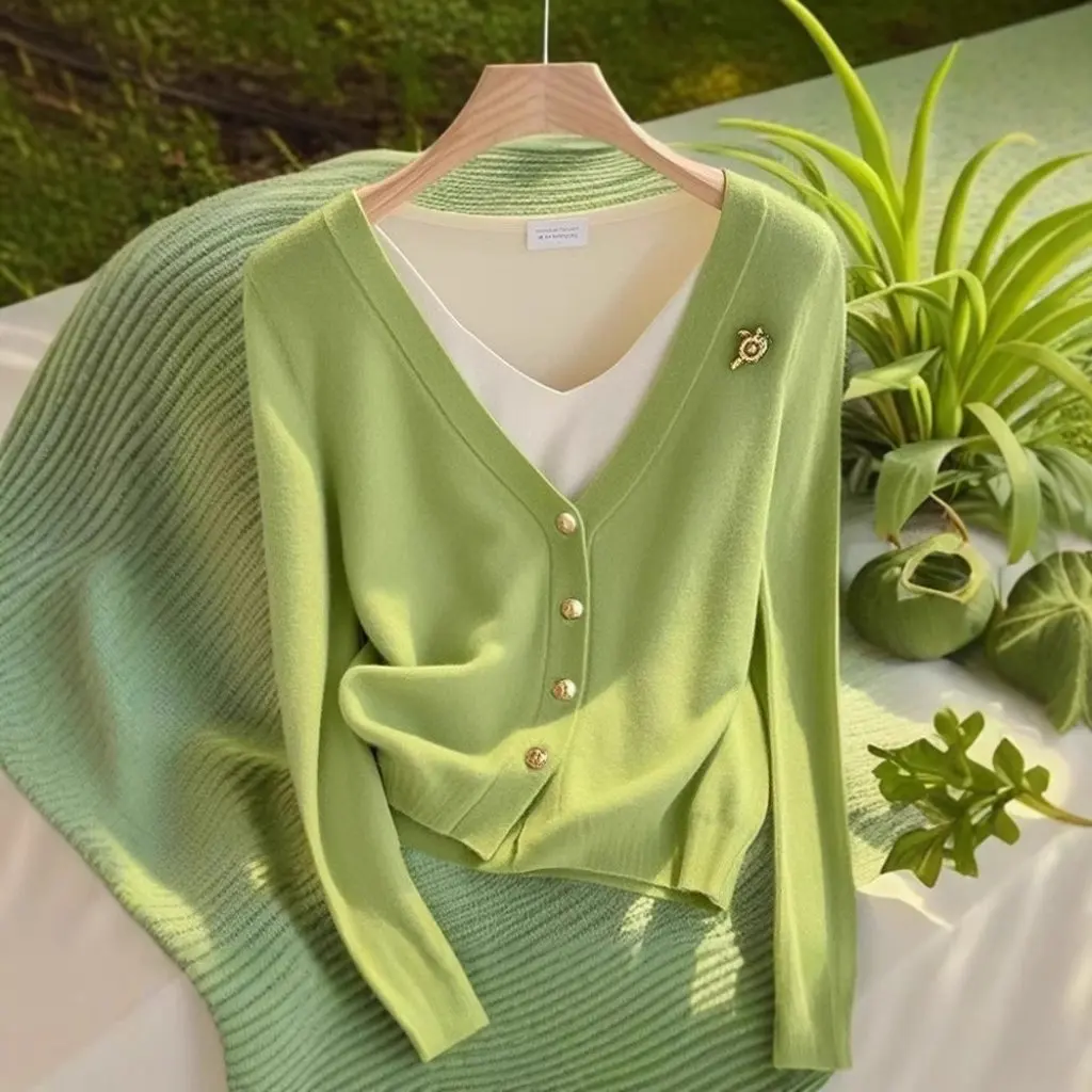 

Women's Green Knitted Cardigan French Style Inspired Unique Fake Two-Piece Inner Base Top for -