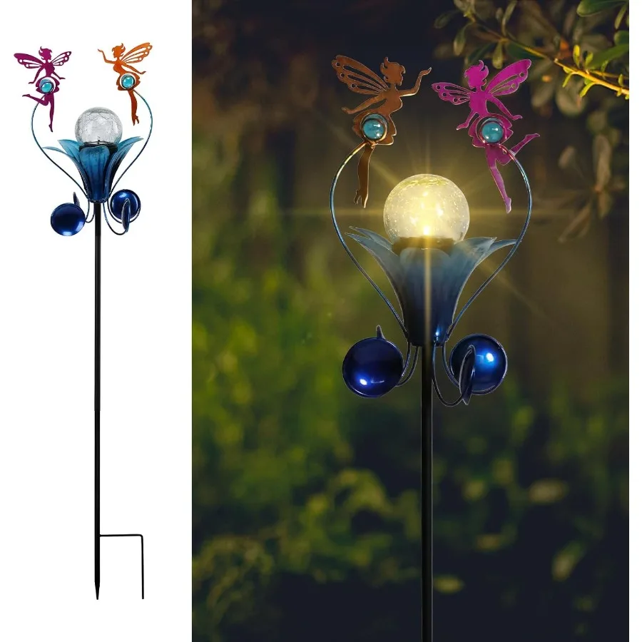 

Solar Lights Outdoor Metal Garden Stake Waterproof Crackle Glass Globe Garden Decor Fairy for Pathway Lawn Patio Yard