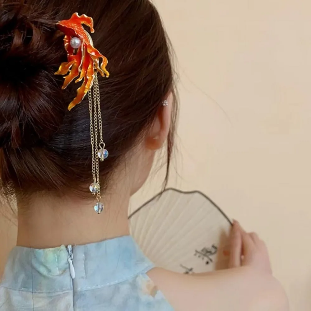 Chinese Style Metal Red Fish U-Shape Hair Sticks for Women Vintage Tassel Beads Hair Forks Hanfu Wedding Party Hair Accessories