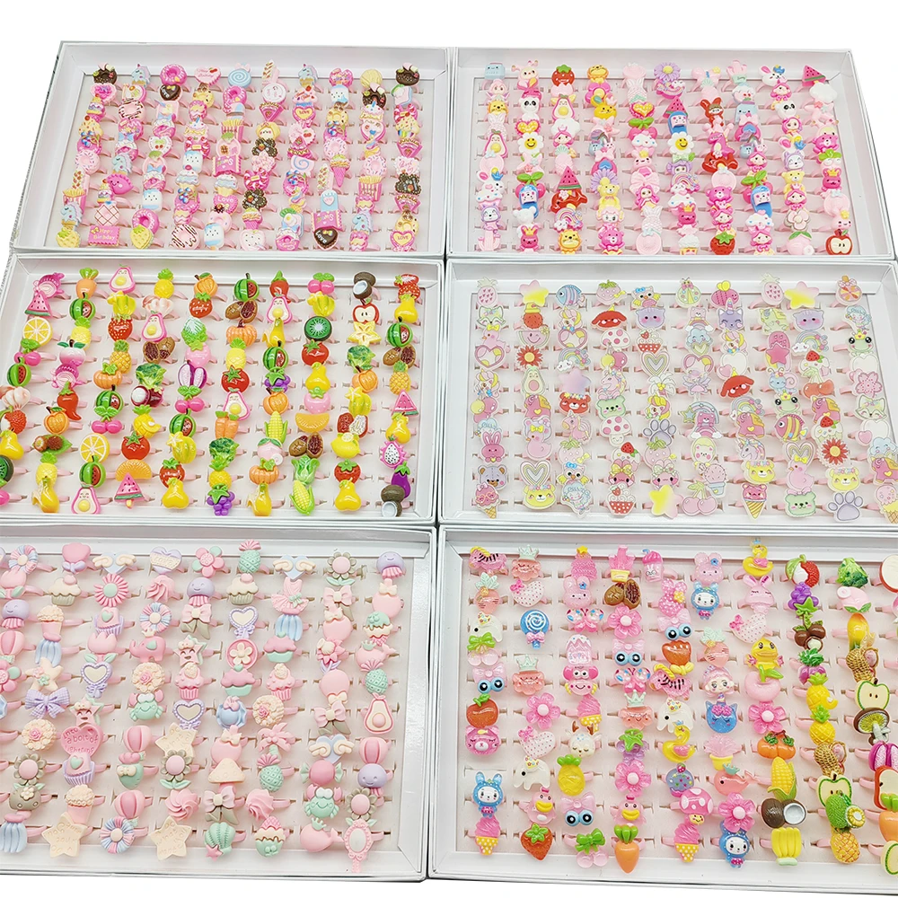 100pcs/Lot Factory Wholesale Open Adjust Child Finger Rings for Party Cosplay Show Resin Jewelry Cute Girls Animal Foods Fruits