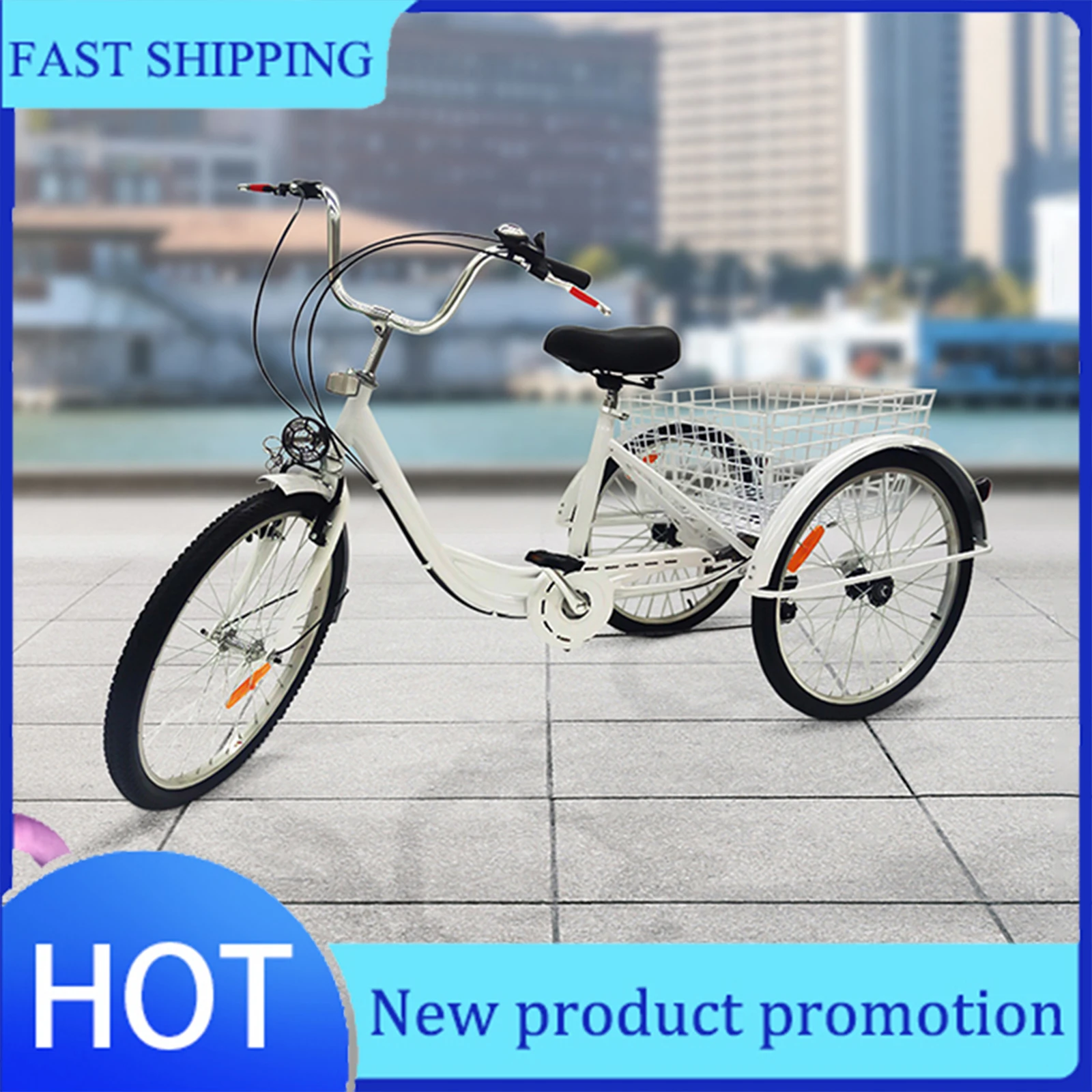 White 24 inch Tricycle with Basket & Cruise Light Adult Tricycle 6-speed 3-wheel High-Quality Tricycle