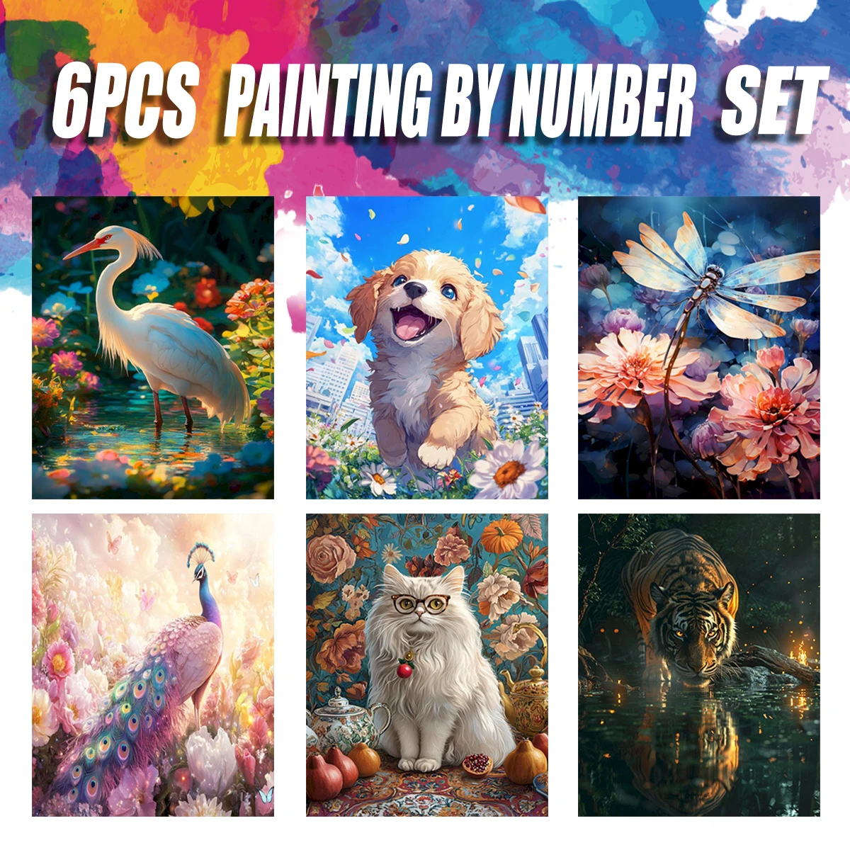 

PhotoCustom 6pcs Painting By Numbers Animal Set For Adult Acrylic Kit Dog Cat Diy Paint Canva Artwork Gift Home ﻿