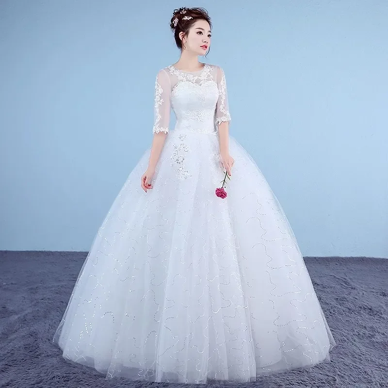 Wedding Dresses Cheap White Seqins Tulle Simple O-neck Half Sleeve Lace up Princess Floor-length Plus size Bride Ball Gown XN097