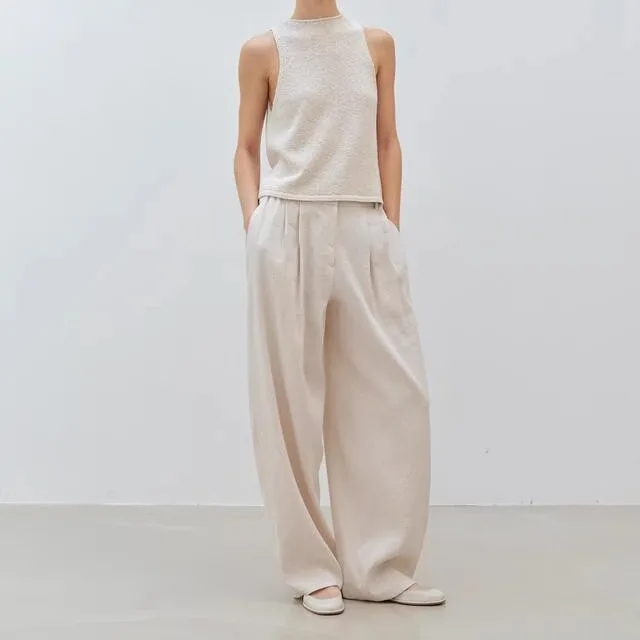 Sommer 2022, neues Design, Moia Hangzhou Damen-Hose mit weitem Bein, hohe Taille, Leinen-Freizeithose, drapiert, gefaltet, koreanische Sle