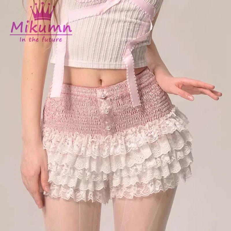 Mikumn gonne di pizzo stile Lolita dolce giapponese donna elastico a vita alta multistrato volant pantaloncini torta gonne ragazze gonna Kawaii