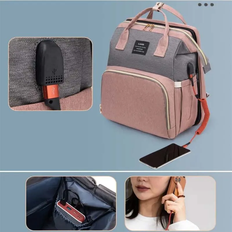 Mommy Baby Diaper Bag Backpack Changing Pad Shade Mosquito Net Wet and Dry Carrying USB Charging Port Stroller Hanging Bag Free