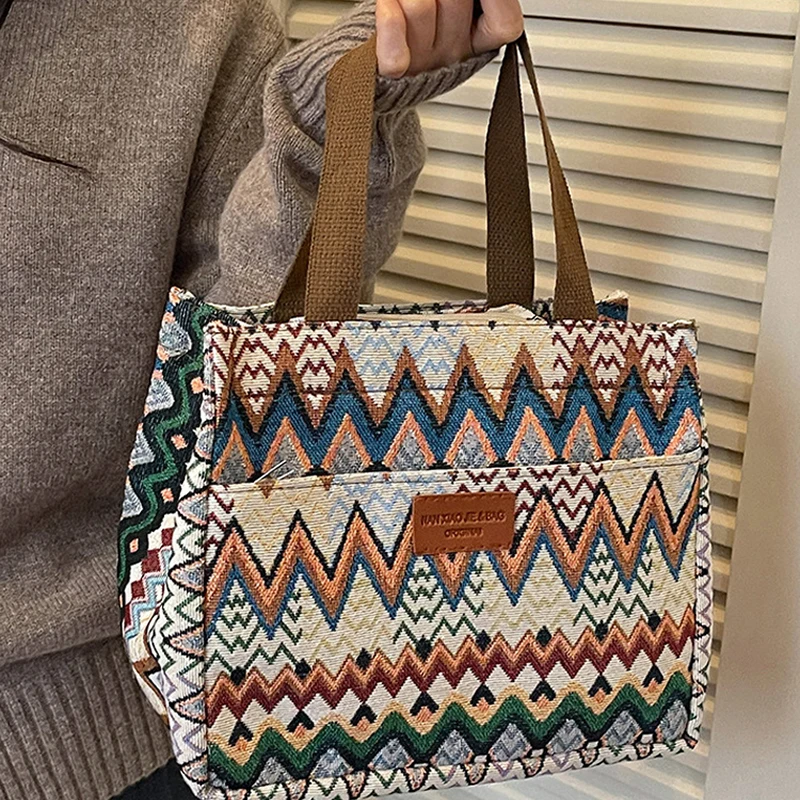 Bohemian Ethno-Stil Geometrischer Druck Canvas-Tragetasche, Bunte Zickzack-Muster Handtasche für Damen, Große Kapazität Pendler-Schultertasche – Detail 8