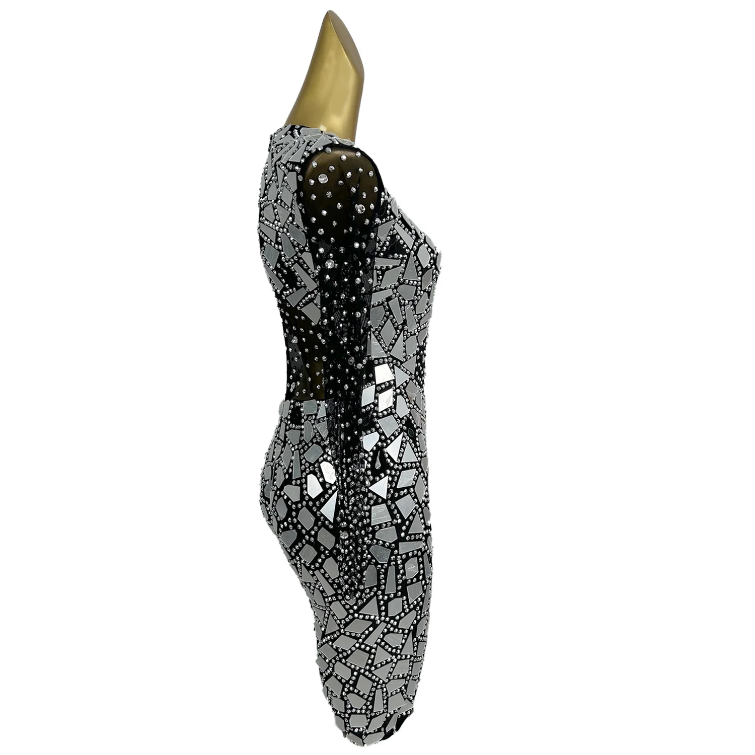 Sexy Women Black See Through Mesh Bodysuit Sparkly Rhinestone Mirrors Tight Fitting Catsuit Club Party Event Show Wear Shanfeng