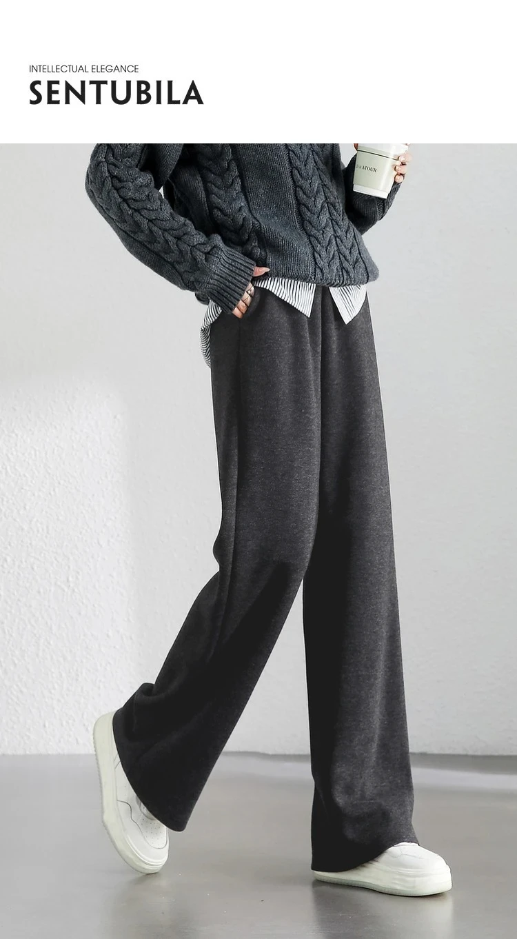 SENTUBILA Lässige gerade Wollhose für Damen, dick, warm, hohe Taille, gestrickte Jogginghose, Winterhose 2024, Damenbekleidung 144K56338 – Detail 1