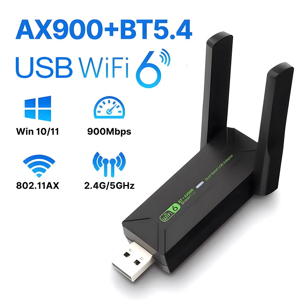 

Bluetooth 5,4 AX900 USB WiFi 6 адаптер 2в1 ключ 802.11ax 2,4G и 5 ГГц для настольного ноутбука Win 10/11 с антеннами 5 дБ
