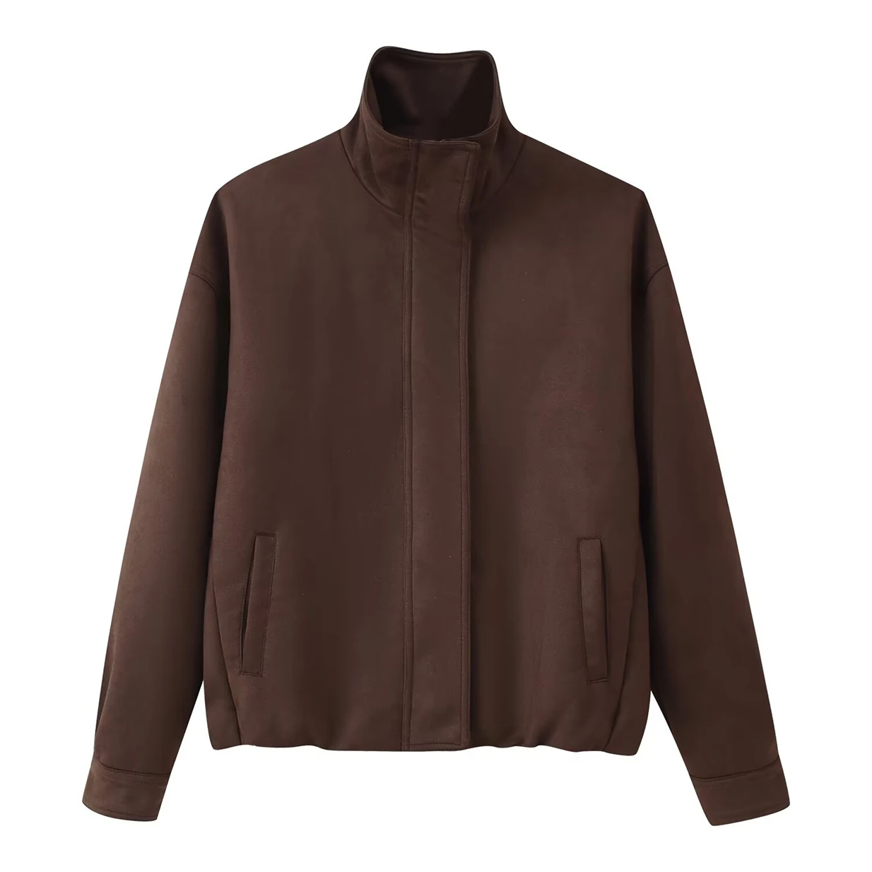 

Women's Stand Collar Jacket Long Sleeve Solid Color Zipper Fashion Outerwear with Double Pockets