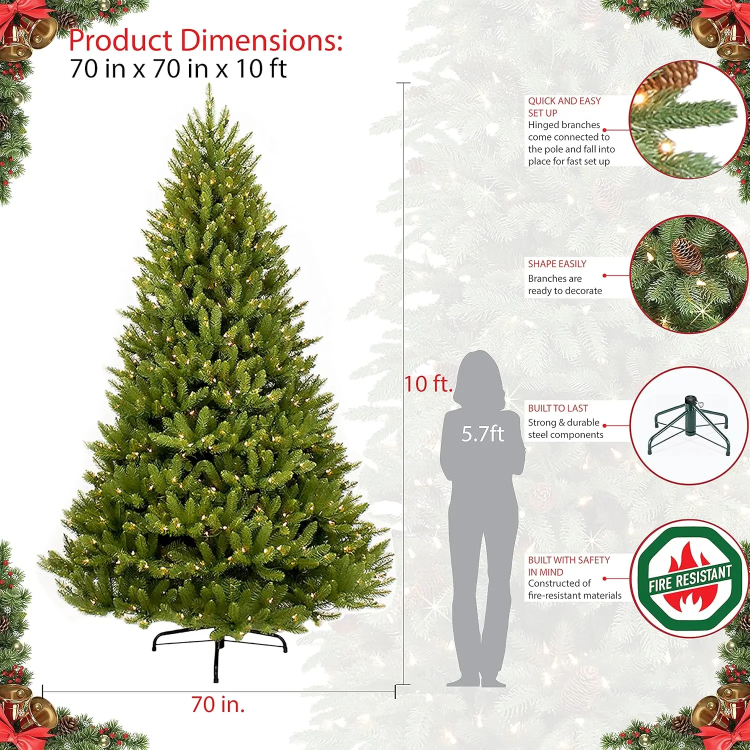 10 Foot Pre-Lit Fraser Fir Artificial Christmas Tree with 1,300 Clear Lights, Green