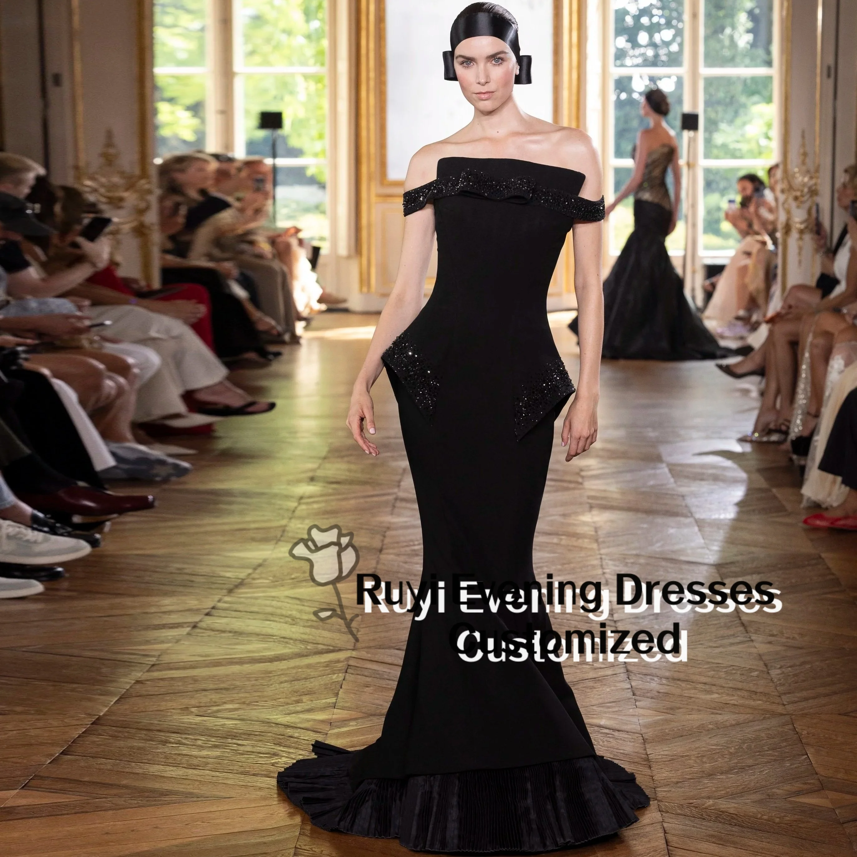 Customized Black Off Shoulder Luxury Formal Evening Dress Beaded Ruffle Peplum Pleated Hem Elegant Party Dress Mermaid Prom Gown