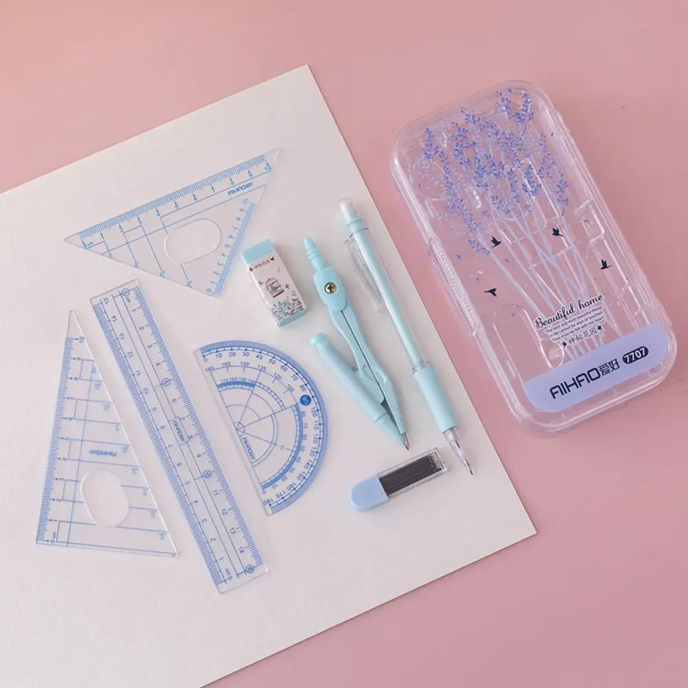 8pcs/set Durable Small Fresh Compasses Set Multifunction Rubber Automatic Pencil Protractor Ruler Kit