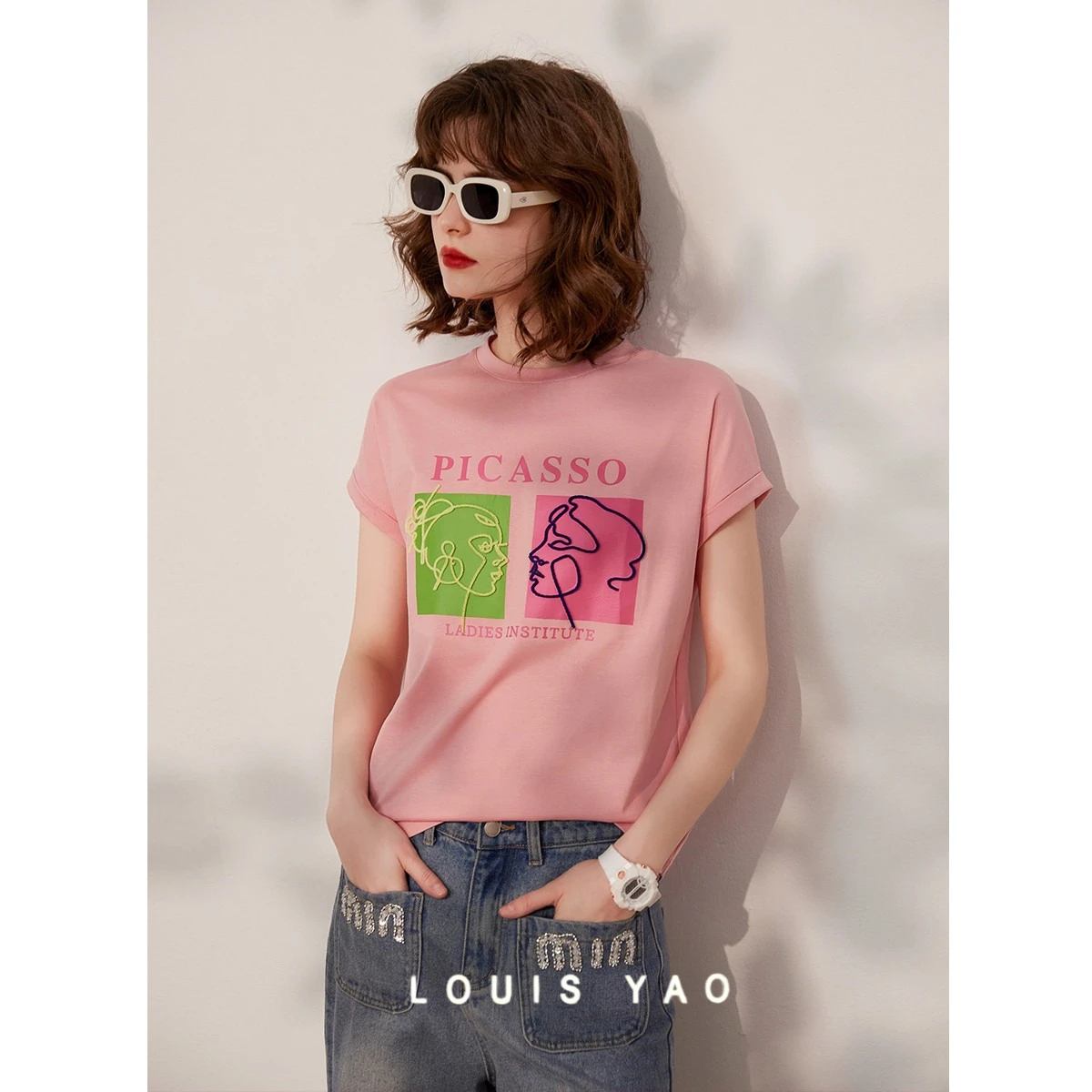

LOUIS YAO New Round Neck Letters Graphic T-shirt 2025 Summer New Printing Casual Women's Short Sleeve Tees Fashion Top Women