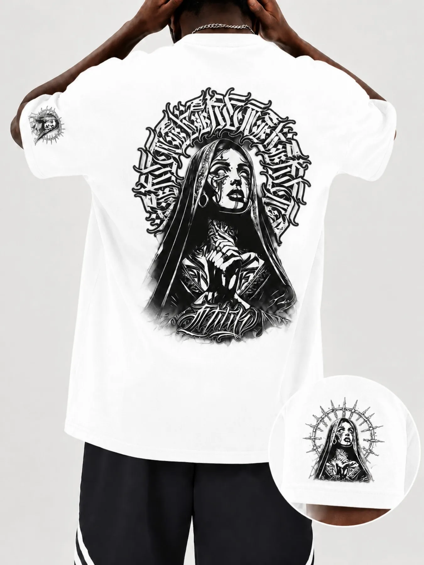 Summer New Men's Short Sleeved T-shirt, Gothic Dark Style, Exquisite Nun Print Pattern on The Back, Loose Fit Design