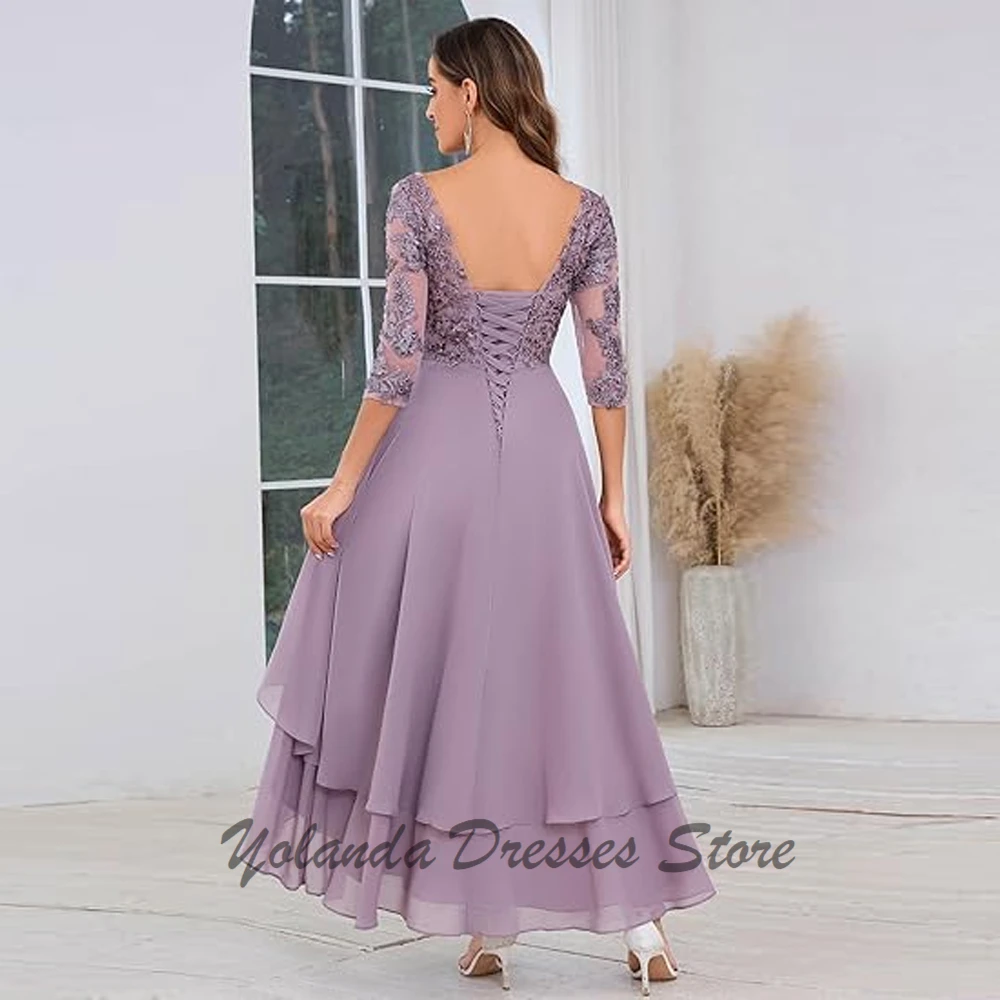 Customized 3/4 Sleeves Mother of The Bride Dresses Applique Lace Up Back Formal Evening Gown Scoop Neck Wedding Guest Dress 2025