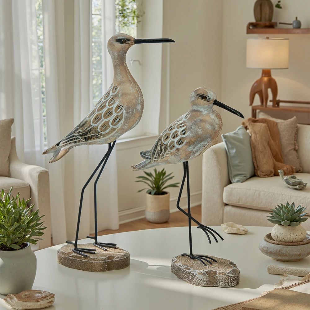 2 Pieces/set Long Leg Seagull Statues Home Decoration Wooden Seabird Figurines Ocean Style Seabird Sculpture Seabird Ornaments