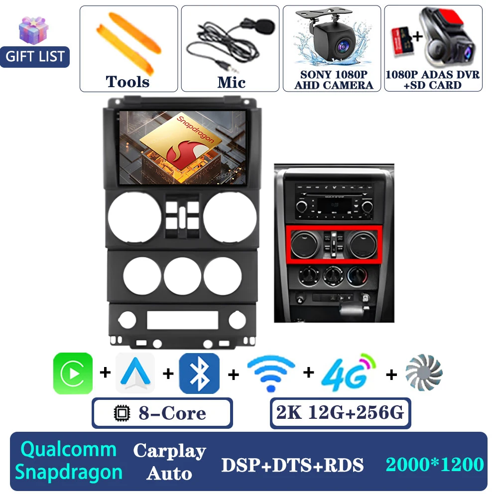 Android 16 autoradio voor Jeep Wrangler 3 JK 2008 - 2010 QLED multimediasysteem videospeler 2DIN Qualcomm 4G LTE 5G WIFI BT GPS - afbeelding 1