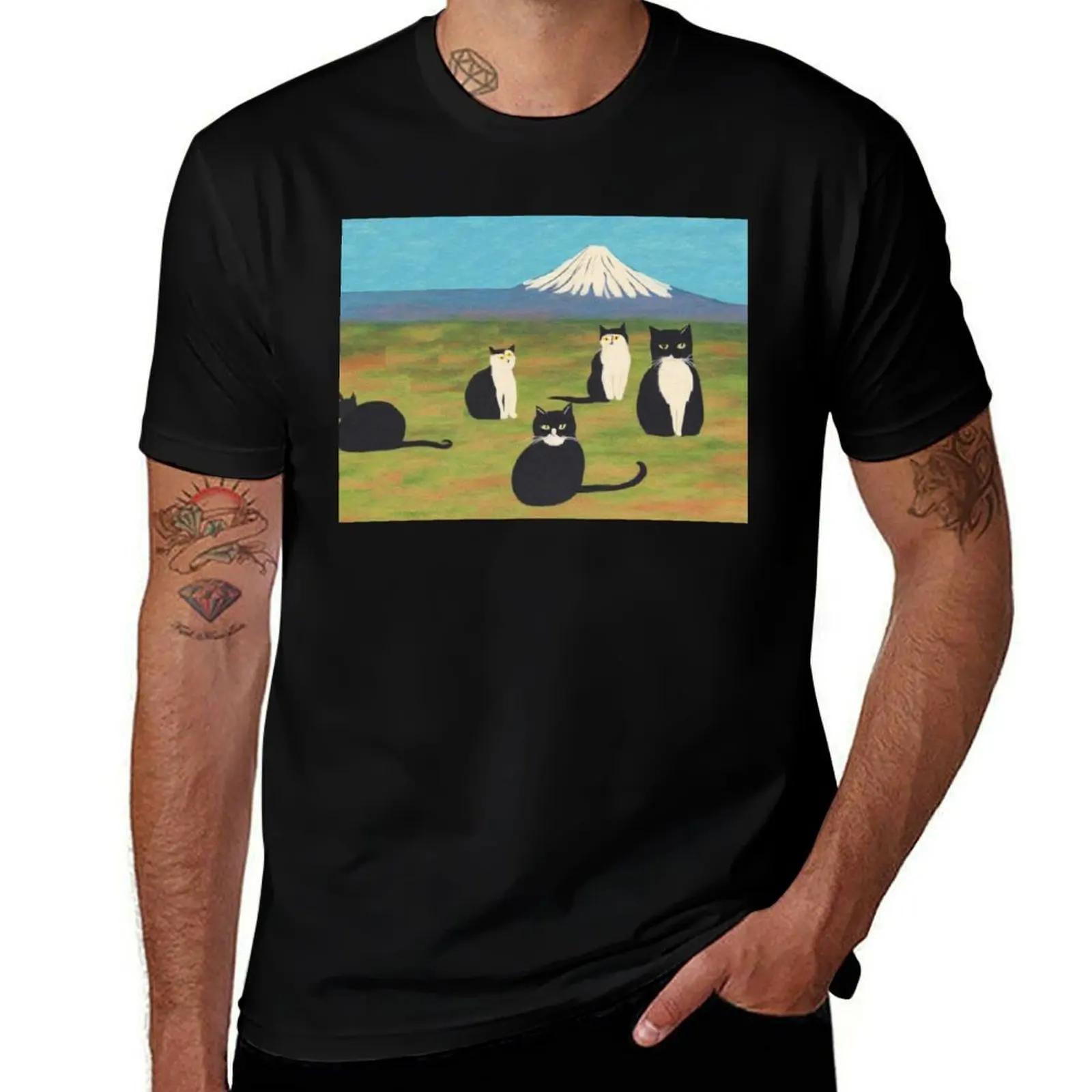 

Black & White Cats with Mt. Fuji – Peaceful Gathering T-Shirt graphic shirts tshirts personalised graphics Men's cotton t-shirt